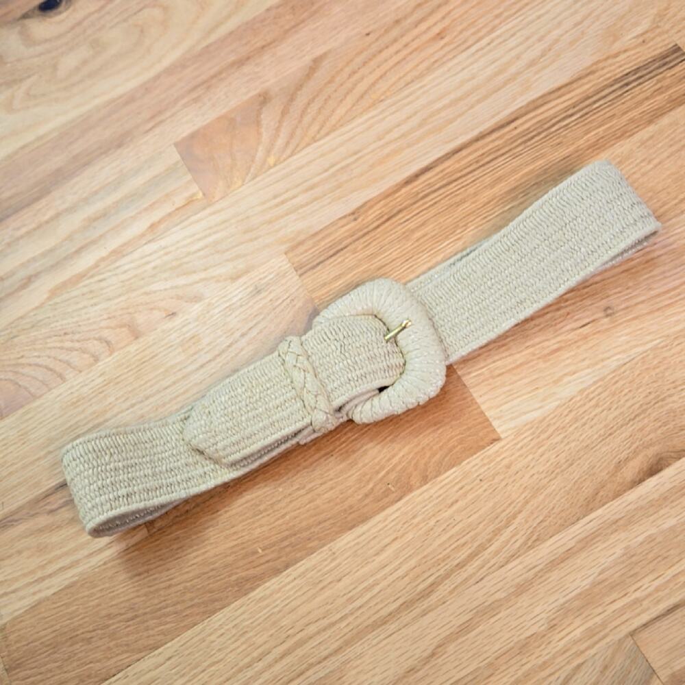 Beige women's woven raffia elastic stretch belt - BOHO